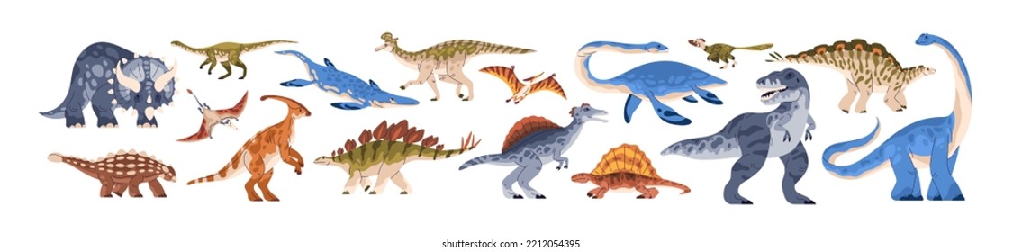 Dinosaurs set. Ancient reptile animals of prehistory Jurassic period. Different species of prehistoric extinct reptilian raptors. Realistic flat vector illustration isolated on white background