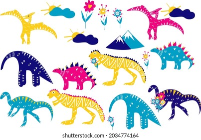 Dinosaurios ambientados en forma de caricatura en la colección de vectores, dinosaurios para niños