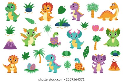 Dinosaurs set. Characters of dinosaurs for kids. Collection of cute dinosaurs and tropical plants.