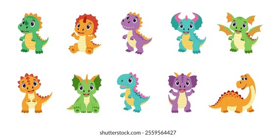 Dinosaurs set. Characters of dinosaurs for kids. Collection of cute dinosaurs.