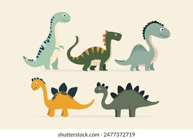 Dinosaurs set in cute children's style on beige isolated background. Vector colorful dinosaurs, striped and with spikes, children's cartoon concept. For prints, cards, invitations.