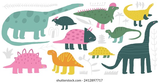 Dinosaurs set. Cute hand drawn doodle herbivorous dinos collection, Stegosaurus, Triceratops, Diplodocus, Iguanodon, brachiosaurus. Jurassic era plant eating animals for kids