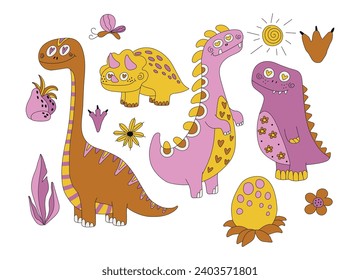 dinosaurs Set of funny. Pink dinosaur. Vector illustration