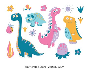 dinosaurios Juego de divertidos. Dinosaurio rosa. Ilustración del vector