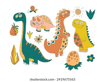 dinosaurs Set of funny. Pink dinosaur. Vector illustration