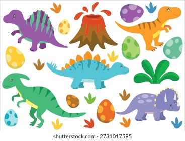 Conjunto de dinosaurios ilustración dibujada a mano, tarjeta de invitación de la ducha del bebé Festiva Element Kids Birthday Jurassic Party. Vector de decoración de tiranosaurio de dibujos animados
