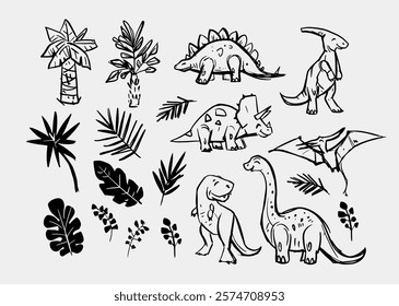 Dinosaurs , set illustrations,monochrome sketch, hand drawn vector