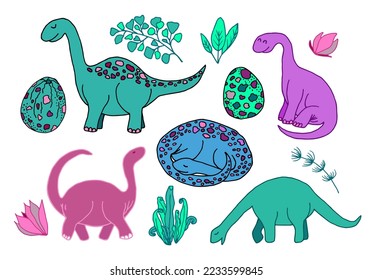 Dinosaurs set isolated on white bakground with plants, eggs and floral elements. Vector illustration.