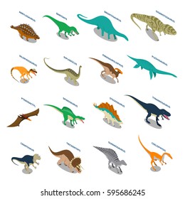 Dinosaurs set of isometric icons with carnivores and herbivores including tyrannosaurus pterodactyl brontosaurus triceratops isolated vector illustration 