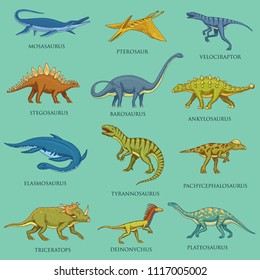 Dinosaurs set, jurassic animals. Prehistoric reptiles, Engraved hand drawn vintage sketch. pictograms collection. Tyrannosaurus rex, Triceratops, Brontosaurus, Velociraptor, Triceratops, Stegosaurus.