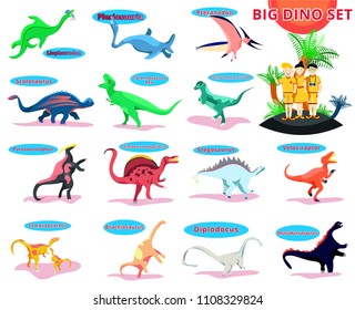 Dinosaurs set with name.Dino collection.Flat cartoons illustration. . Happy family,people with t-rex,raptor,diplodocus,triceratops,velociraptor,stegosaurus,spinosaurus,pte,brachiosaurus,pterodactyl