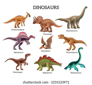 Dinosaurs set with realistic triceratops pterodactyl spinosaurus stegosaurus branchiosaurus and other species isolated vector illustration