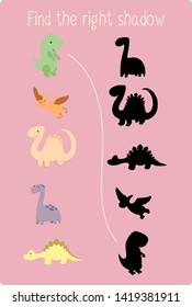 Dinosaurs set with shadows to find the correct one. Compare and connect objects. and their true shadows. Logic game for children.