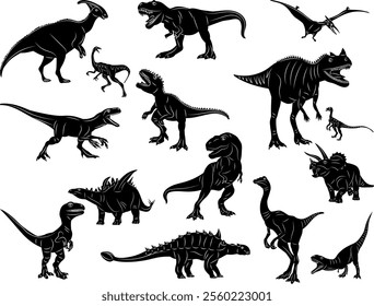 dinosaurs set silhouette on white background, vector