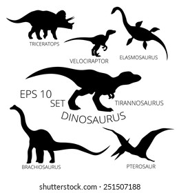 Dinosaurs set of silhouettes: triceratops, velociraptor, elasmosaurus, tirannosaurus, brachiosaurus, pterosaur. Vector, eps 10