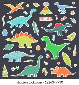 Dinosaurs set for stickers. Types of dinosaurs.