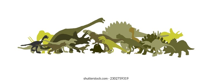 Dinosaurs set. T Rex vector silhouette illustration isolated on white background. Tyrannosaurus shadow symbol. Jurassic era. Dino sign. Triceratops, Stegosaurus, Brachiosaurus, Pteranodon, Spinosaurus