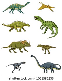 Dinosaurs set, triceratops, barosaurus, tyrannosaurus rex, stegosaurus, pachycephalosaurus, diplodocus, deinonychus, velociraptor, skeletons, fossils. Prehistoric reptiles, Animal Hand drawn vector.