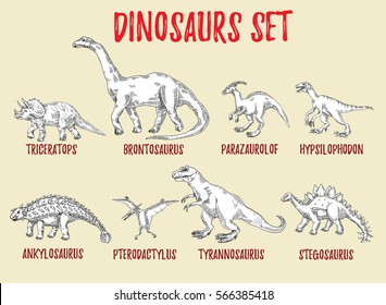 dinosaurs set, triceratops, brontosaurus, parazaurolof, hypsilophodon, ankylosaurus, pterodactylus,tyrannosaurus, stegosaurus