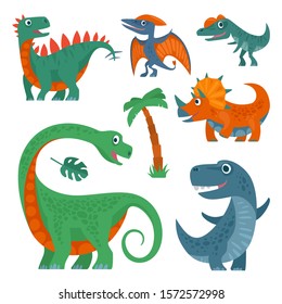 Dinosaurs set. Triceratops, diplodocus, tyrannosaurus, stegosaurus, pterosaur, corythosaurus. Vector colorful flat illustration isolated on white background. Design for t-shirt or web icon