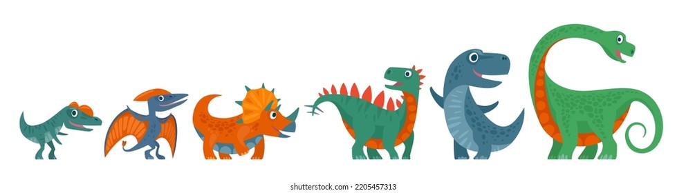 Dinosaurios en conjunto. Triceratops, diplodocumentos, tiranosaurio, estegosaurio, pterosaurio, coritosaurio. Ilustración plana de color vectorial aislada en fondo blanco. Diseño para camiseta o icono web