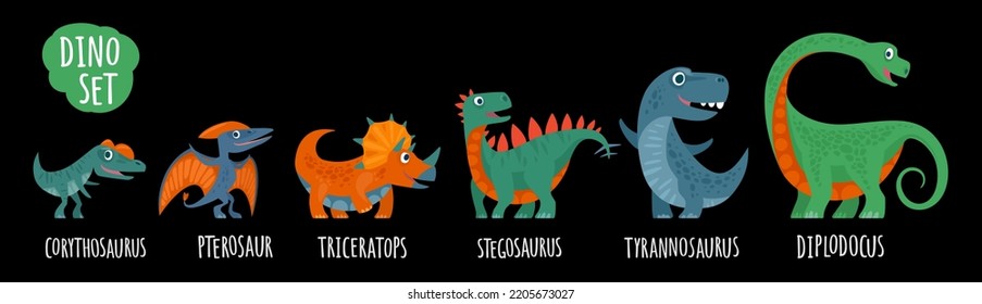 Dinosaurs set. Triceratops, tyrannosaurus, stegosaurus, pterosaur, corythosaurus. Vector colorful flat icon isolated on black background.