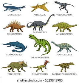 Dinosaurs set, Tyrannosaurus rex, Triceratops, Barosaurus, Diplodocus, Velociraptor, Triceratops, Stegosaurus, skeletons, fossils. Prehistoric reptiles, Animal Hand drawn vector.