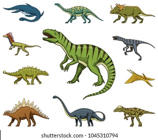 Dinosaurs set, Tyrannosaurus rex, Triceratops, Barosaurus, Diplodocus, Velociraptor, Triceratops, Stegosaurus, skeletons, fossils. Prehistoric reptiles, Animal Hand drawn vector.