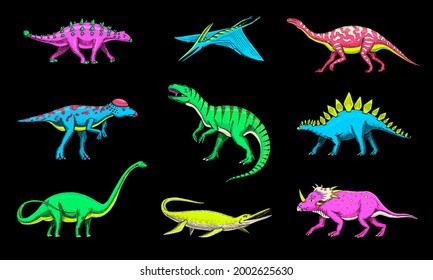 Dinosaurs set, Tyrannosaurus rex, Triceratops, Barosaurus, Diplodocus, Velociraptor Triceratops Stegosaurus. Prehistoric reptiles, Animal. Vintage sketch for t-shirt print. Engraved Hand drawn Animal 