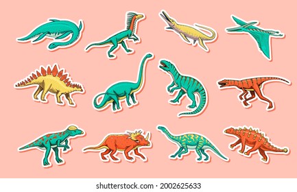 Dinosaurs set, Tyrannosaurus rex, Triceratops, Barosaurus, Diplodocus, Velociraptor Triceratops Stegosaurus. Prehistoric reptiles, Animal. Vintage sketch for t-shirt print. Engraved Hand drawn Animal 