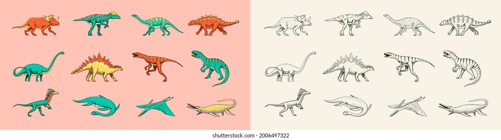 Dinosaurier-Set, Tyrannosaurus rex, Triceratops, Barosaurus, Diplodocus, Velociraptor Triceratops Stegosaurus. Prähistorische Reptilien, Tier. Vintage-Skizze für T-Shirt-Druck. handgezeichnet 