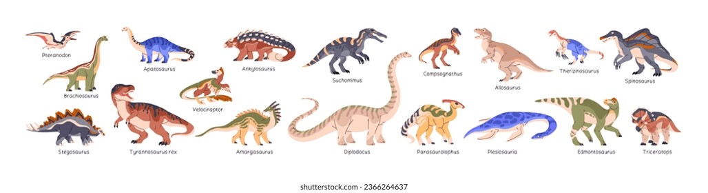 Dinosaurs set. Tyrannosaurus, triceratops, stegosaurus, spinosaurus, diplodocus, pteranodon, brachiosaurus. Ancient animals, reptiles of Jurassic era. Dino flat isolated vector illustration on white