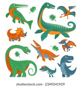 Dinosaurs set. Vector colorful flat illustration isolated on white background. Design for t-shirt or web icon