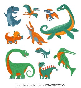 Dinosaurios en conjunto. Ilustración plana de color vectorial aislada en fondo blanco. Diseño para camiseta o icono web
