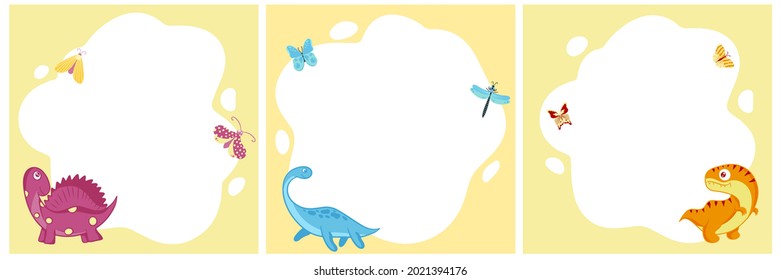 Dinosaurs. Set of vector frames in the form of a spot in a flat cartoon style. Template for children's photos, postcards, invitations.