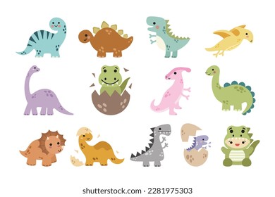 Dinosaurs set vector illustration. Dinosaur flat design illustration. Cute dinosaurs collection. Flat dinosaurs. Baby dinosaur.