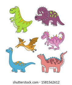 Dinosaurs. Set of vector illustration in doodle and cartoon style on white background. Hand drawn. Linear. Color