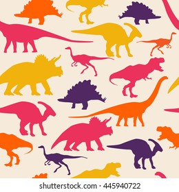 Dinosaurs silhouette seamless pattern colorful background