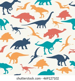 Dinosaurs silhouette seamless pattern colorful background