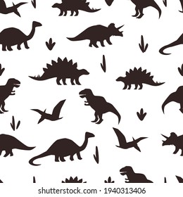 Dinosaurs silhouette seamless pattern.Dark characters on white background. Hand drawn vector wrapping paper template.