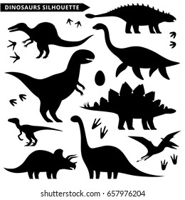 Dinosaurs silhouette set. Types of dinosaurs isolated on white. Stegosaurus, velociraptor, ankylosaurus, pteranodon, tyrannosaurus, ankylosaurus, apatosaurus, plesiosaurus, triceratops.