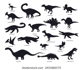 Dinosaurs silhouettes. Ancient Jurassic reptiles, black ink stegosaurus, brontosaurus and pterodactyl silhouettes flat vector illustration set. Dino monsters silhouette collection svg