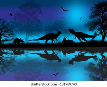 Dinosaurs silhouettes in beautiful landscape at blue night near water, vector illustration