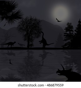 Dinosaurs silhouettes in beautiful landscape at grey night near water, vector illustration