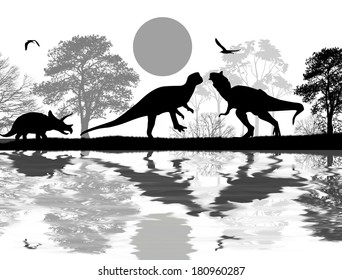 Dinosaurs silhouettes in beautiful landscape near water , vector illustration