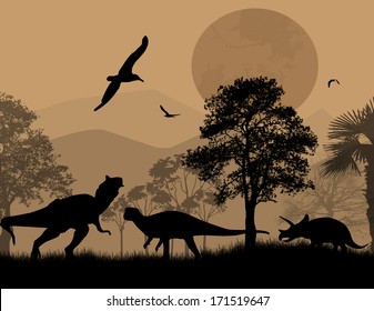 Dinosaurs silhouettes in beautiful landscape at night, vector illustration