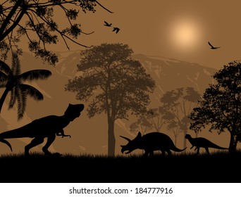 Dinosaurs silhouettes in beautiful landscape at night, vector illustration