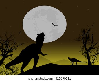 Dinosaurs silhouettes in beautiful landscape at night, vector illustration