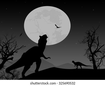 Dinosaurs silhouettes in beautiful landscape at night, vector illustration