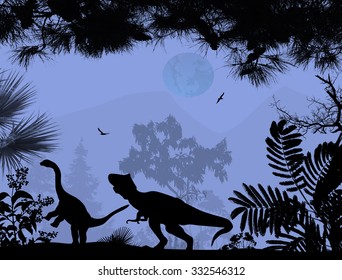 Dinosaurs Silhouettes Beautiful Landscape On Blue Stock Vector (Royalty ...